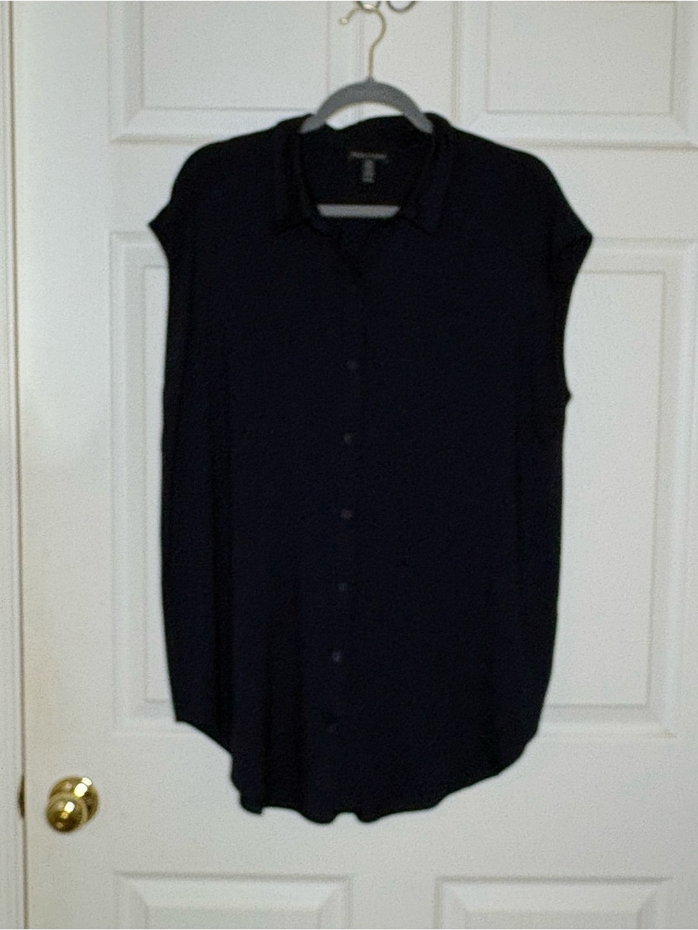 Eileen Fisher Navy Blue Cap-Sleeve Button-Down Shirt